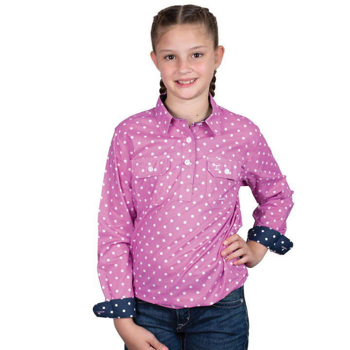 Just Country - Girl's Harper Half Button Shirt in Radiant Orchid & Navy Dots