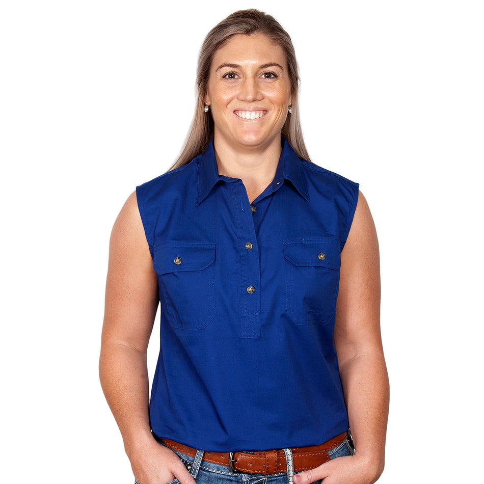 Just Country - Women's Kerry Half Placket Sleeveless Shirt in Cobalt