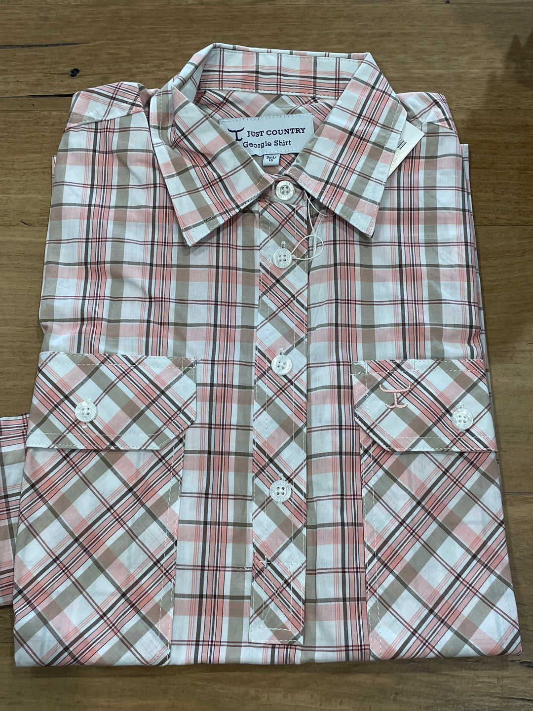 Just Country - Women's Georgie 1/2 button long Sleeve Shirt in white, tan & baby pink plaid
