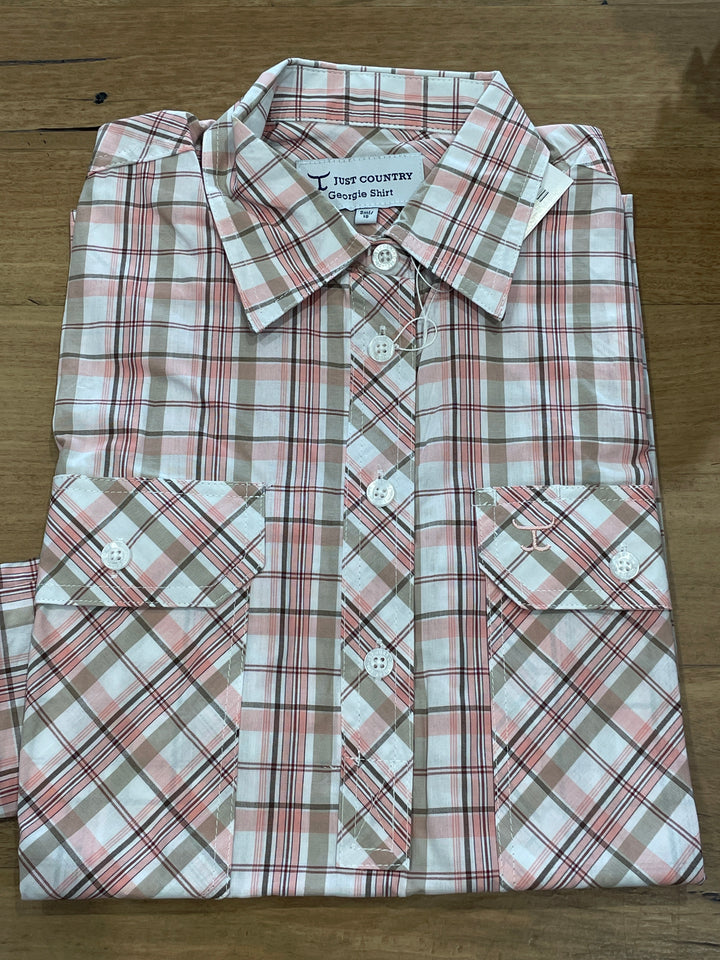 Just Country - Women's Georgie 1/2 button long Sleeve Shirt in white, tan & baby pink plaid