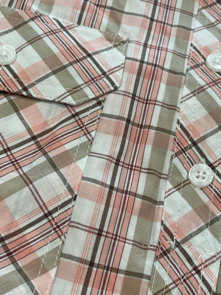 Just Country - Women's Georgie 1/2 button long Sleeve Shirt in white, tan & baby pink plaid