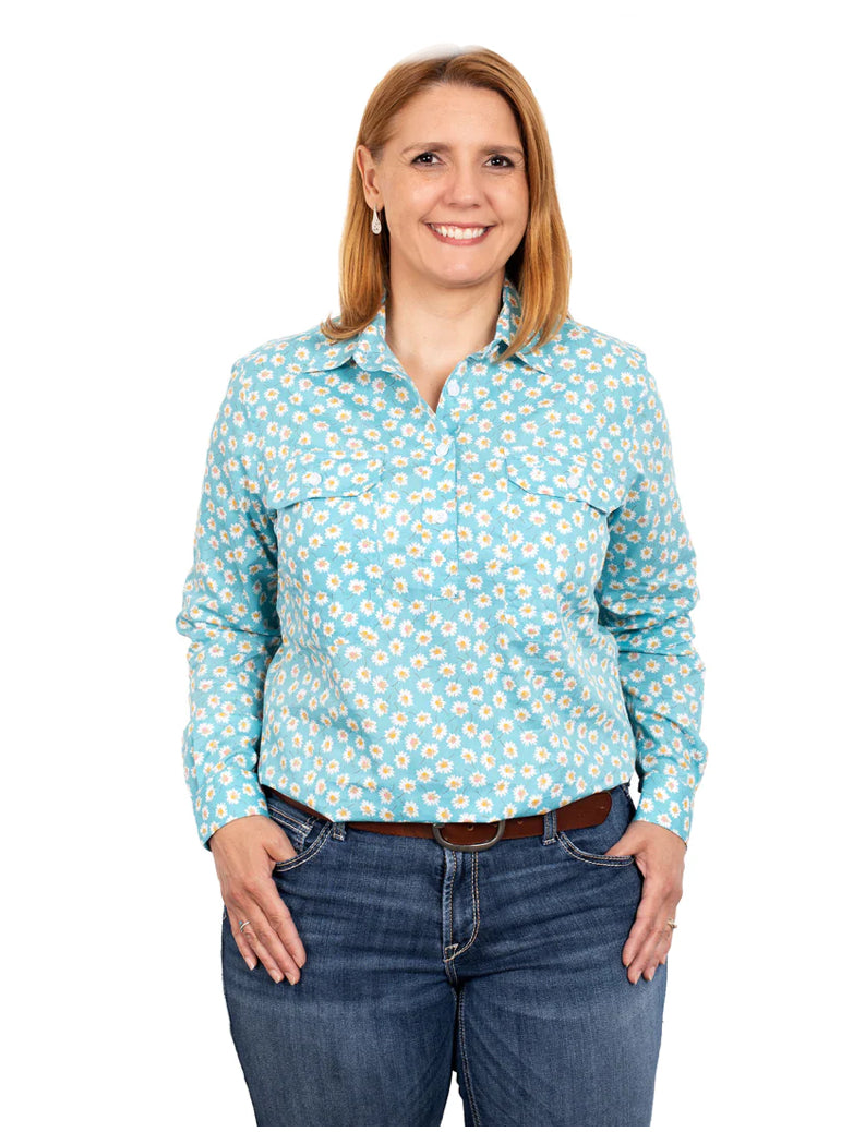 Just Country - Women's Georgie 1/2 button long Sleeve Shirt in Teal Daisies