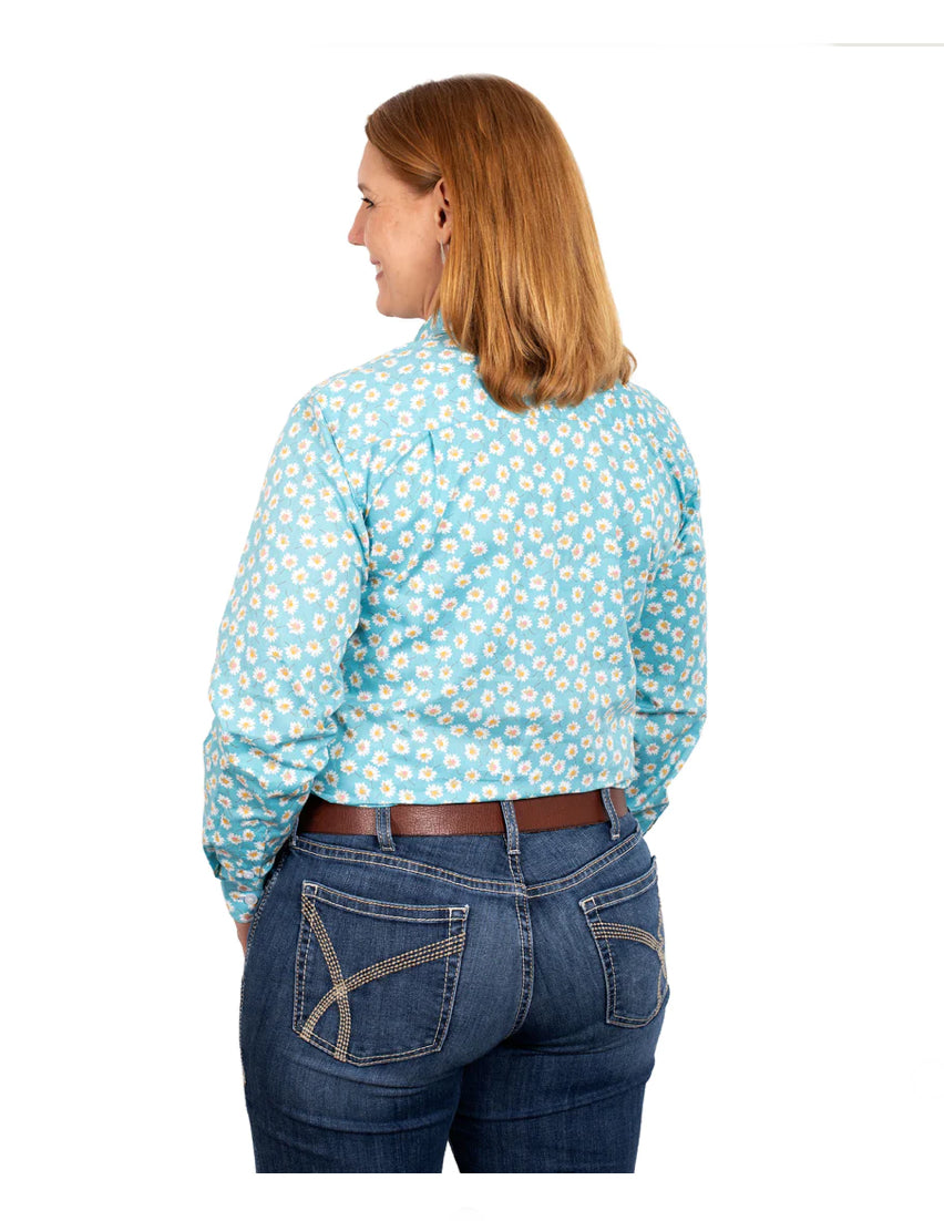 Just Country - Women's Georgie 1/2 button long Sleeve Shirt in Teal Daisies