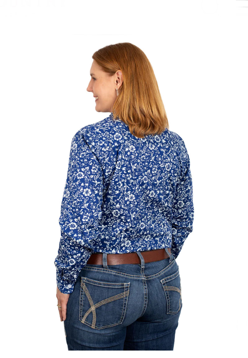 Just Country - Women's Georgie 1/2 button long Sleeve Shirt in Royal Lyrebirds
