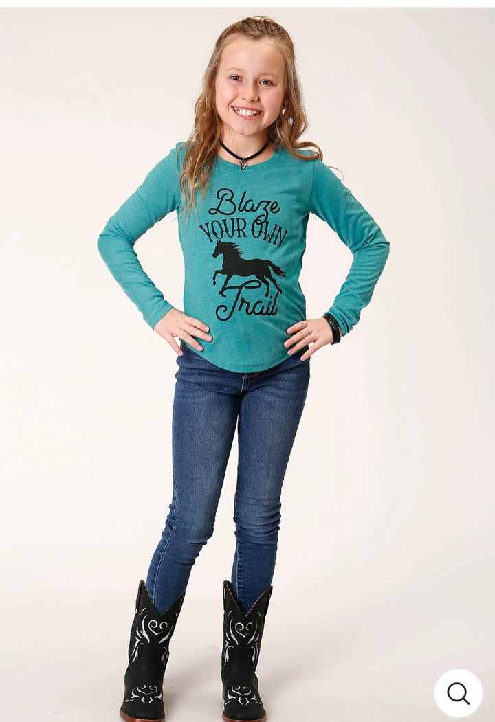 Roper - Girls Aqua Blaze Your Own Trail Long Sleeve Tee