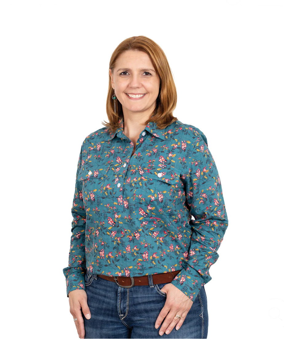 Just Country - Women's Georgie 1/2 button long Sleeve Shirt in Forest Flowers
