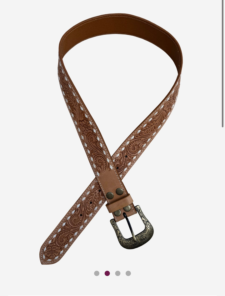 TDE - Buck Stitch Tooling Leather Belt with Removable Buckle  (Belt 11)