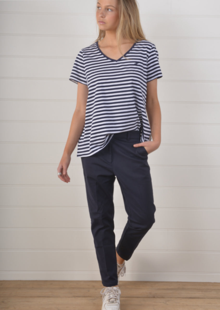 Bullrush - Navy Stripe V Neck Tee