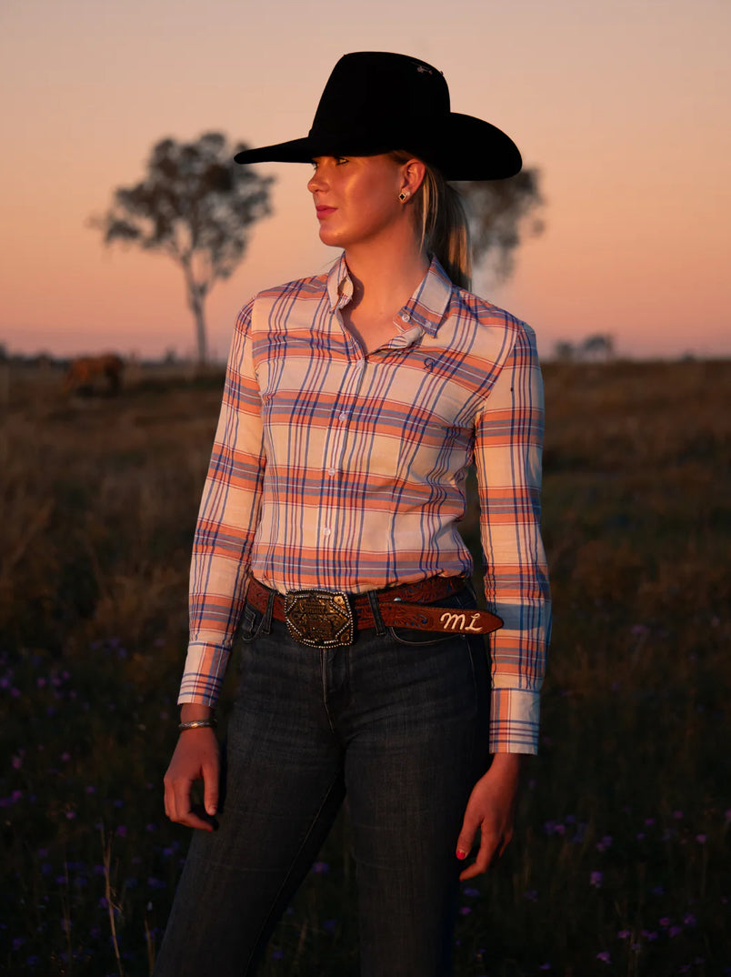 Campdraft Aus - Ladies Slim Fit Long Sleeve Shirt - Cream/Orange/Blue Plaid