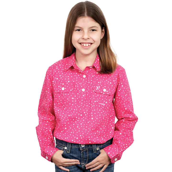 Just Country - Girls Harper Half Button Work Shirt in Hot Pink Stars