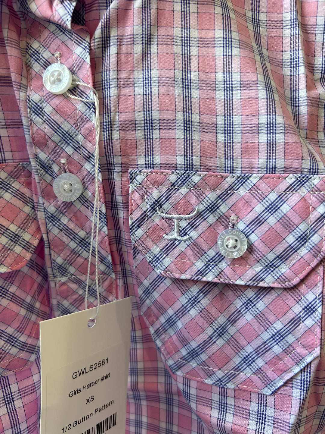 Just Country - Girl's Harper Half Button Shirt in Light Pink & Navy Plaid