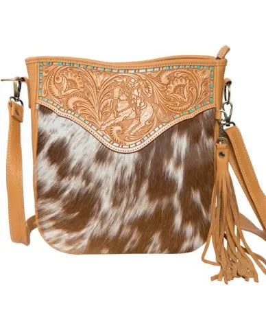 TDE - Santiago Tooling Leather Cowhide Medium Bag with Turquoise Paint Highlight – AB19