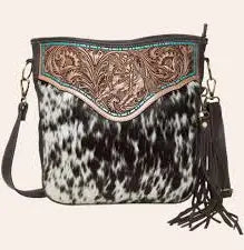 TDE - Santiago Tooling Leather Cowhide Medium Bag with Turquoise Paint Highlight – AB19