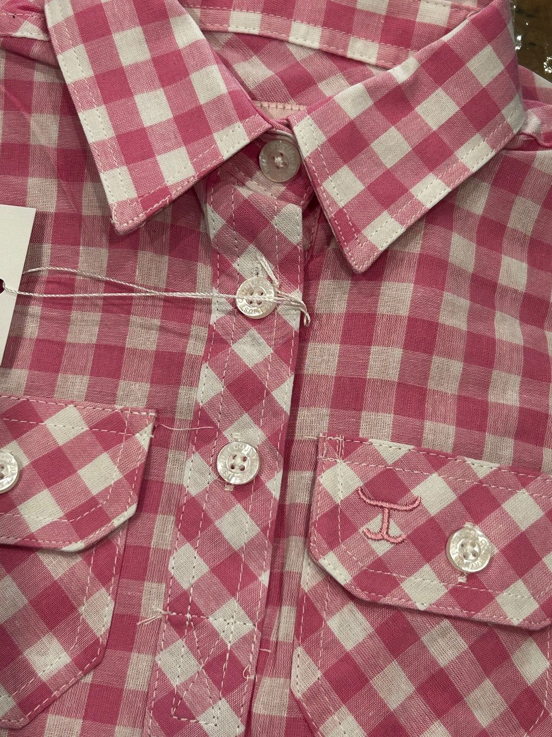Just Country - Girl's Harper Half Button Shirt in Pink Lemonade & White Check