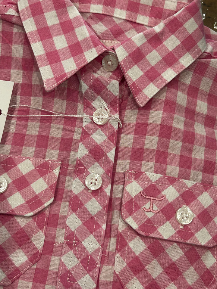 Just Country - Girl's Harper Half Button Shirt in Pink Lemonade & White Check