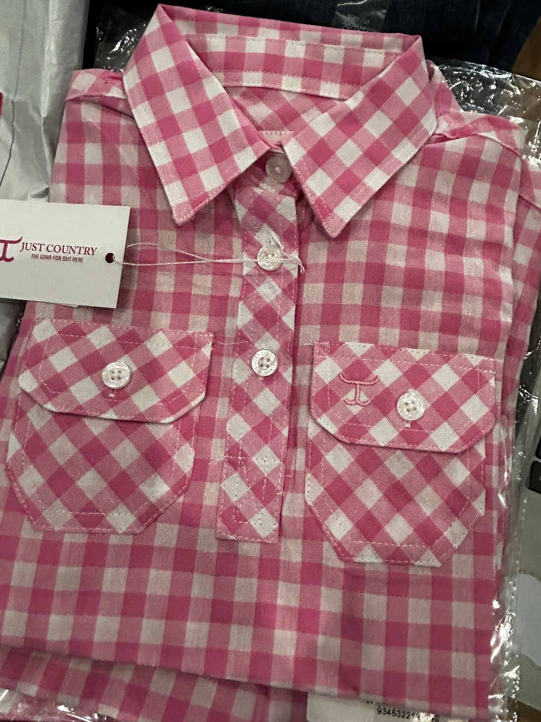 Just Country - Girl's Harper Half Button Shirt in Pink Lemonade & White Check