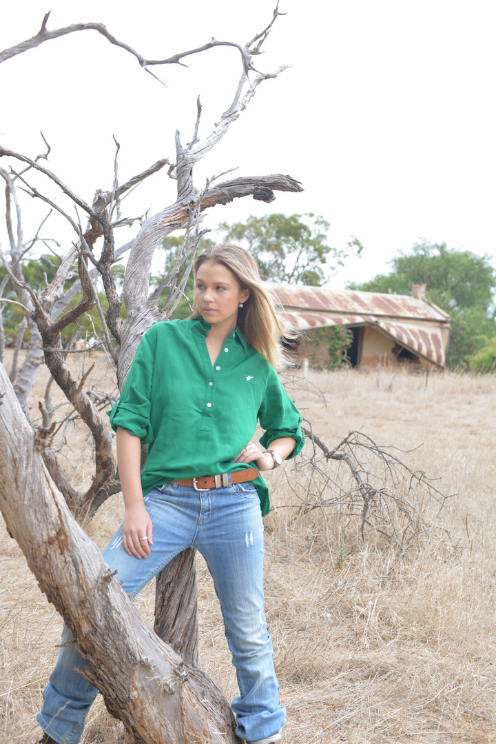 Bullrush - Ladies Linen Tab Shirt in Green