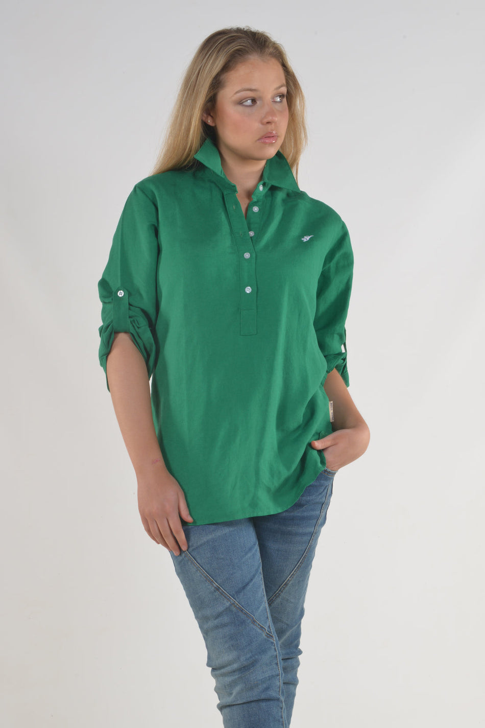 Bullrush - Ladies Linen Tab Shirt in Green