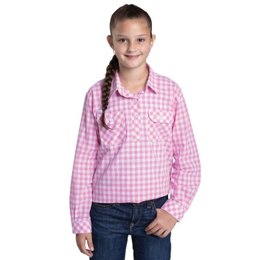 Just Country - Girl's Harper Half Button Shirt in Pink Lemonade & White Check