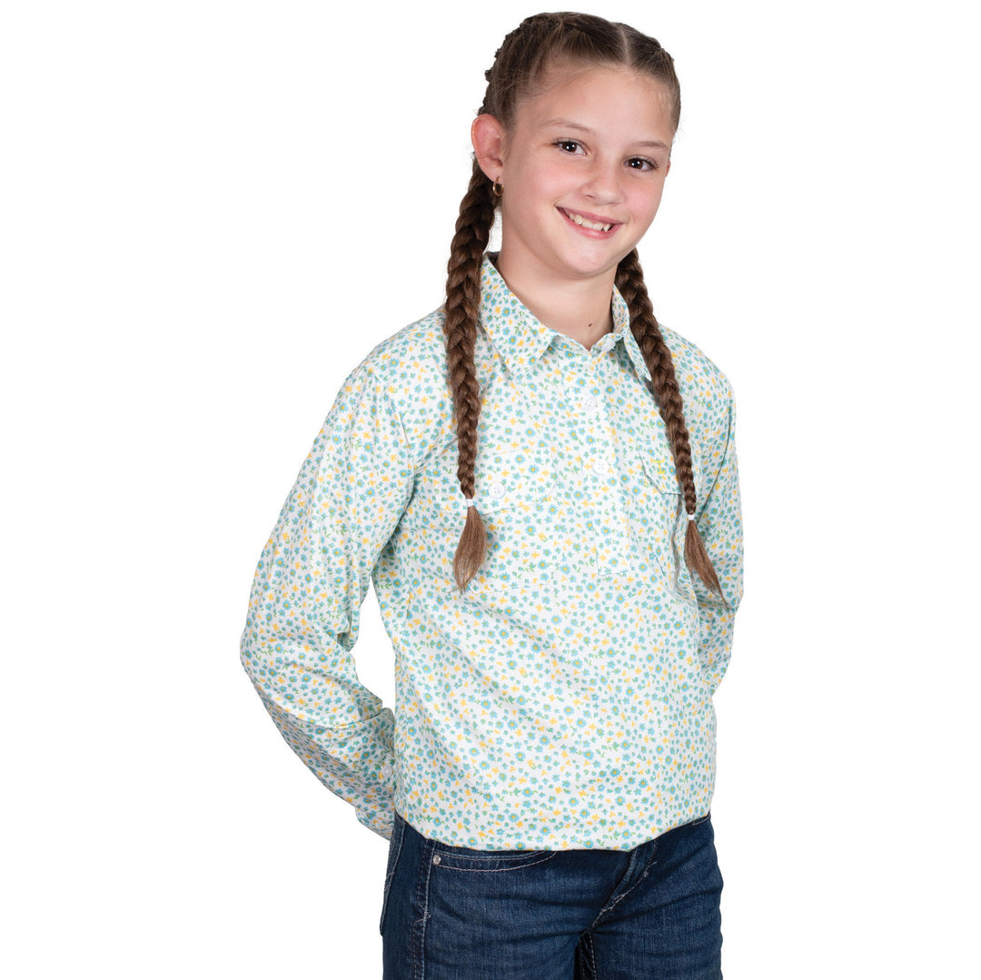 Just Country - Girl's Harper Half Button Shirt in White & Blue Daisys