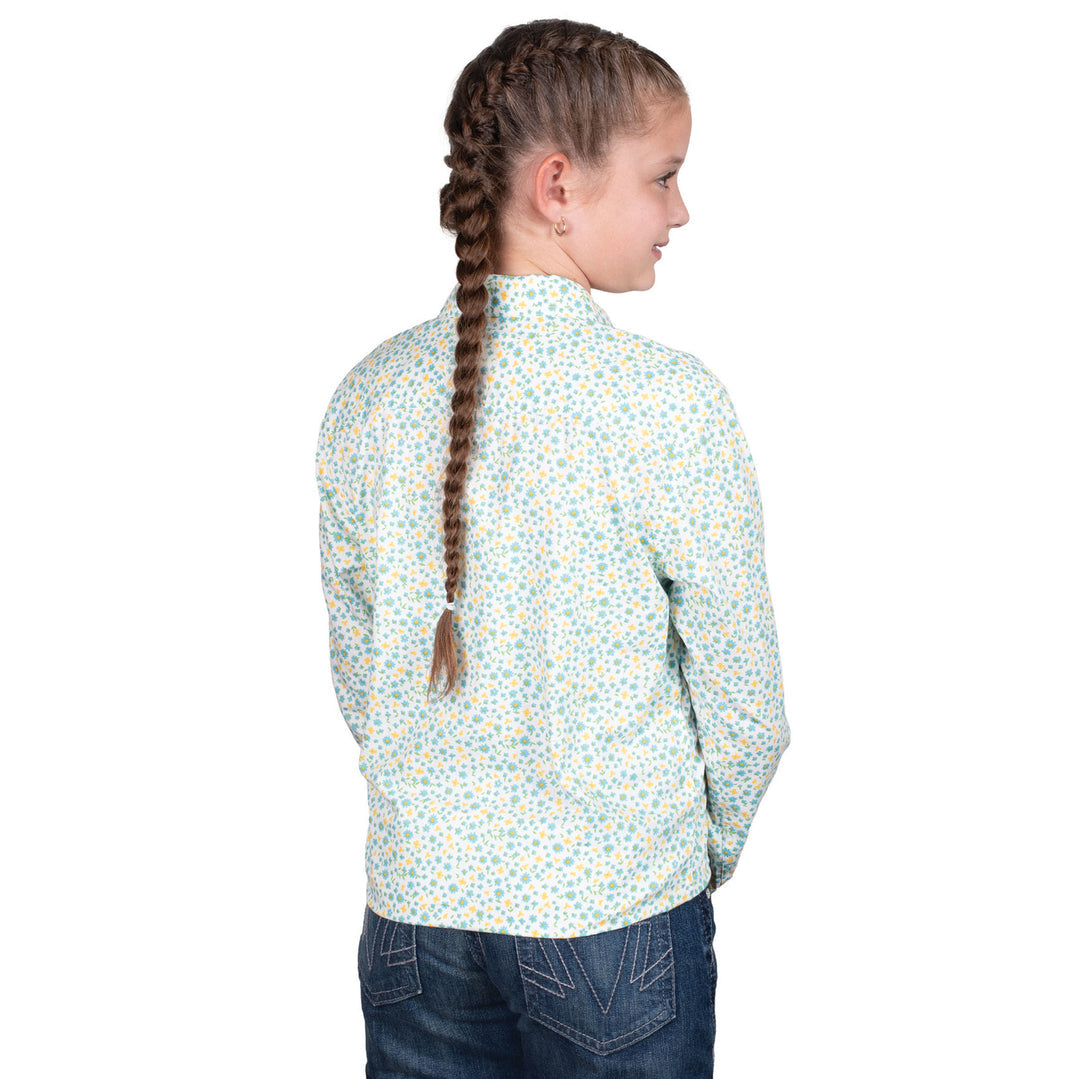 Just Country - Girl's Harper Half Button Shirt in White & Blue Daisys