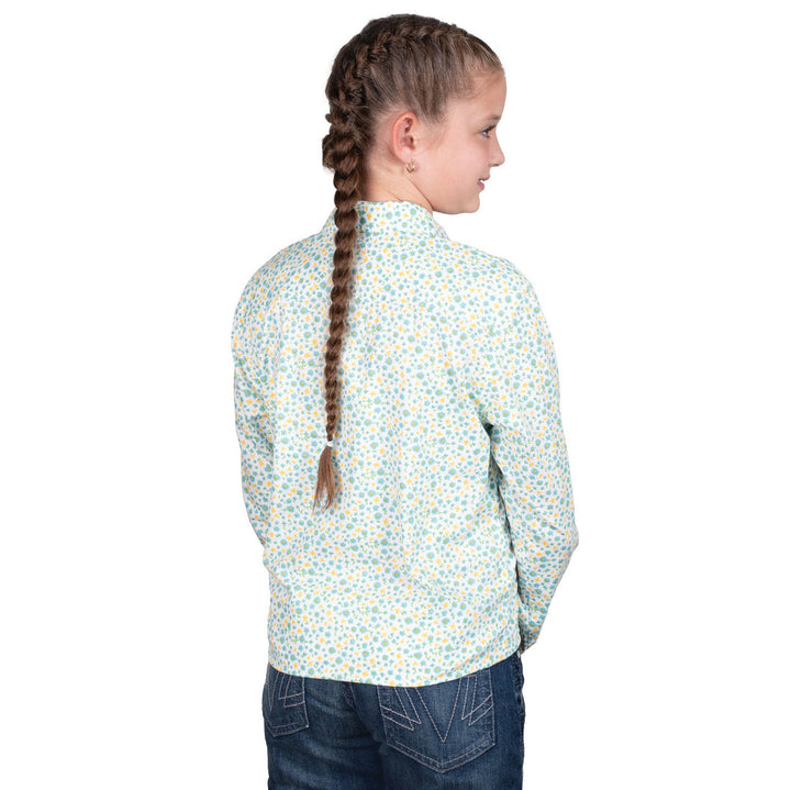 Just Country - Girl's Harper Half Button Shirt in White & Blue Daisys
