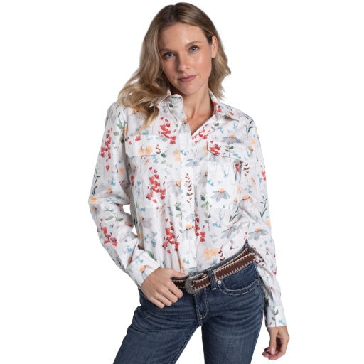 Just Country - Women's Abbey Full Button Print Workshirt in white floral fields