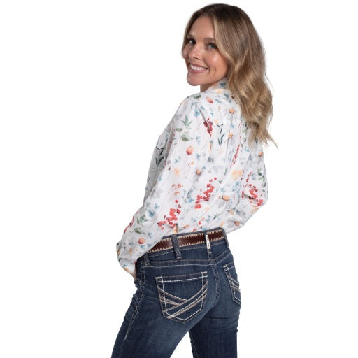 Just Country - Women's Abbey Full Button Print Workshirt in white floral fields