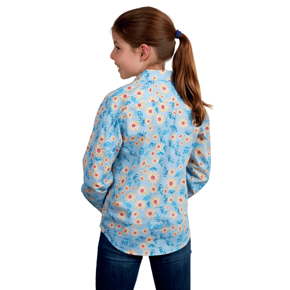 Just Country - Girls Harper Half Button Work Shirt in Sky Daisys