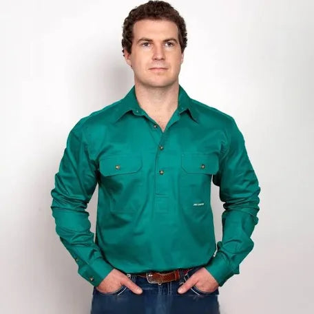 Just Country - Men’s Half Button Workshirt in Dark Green