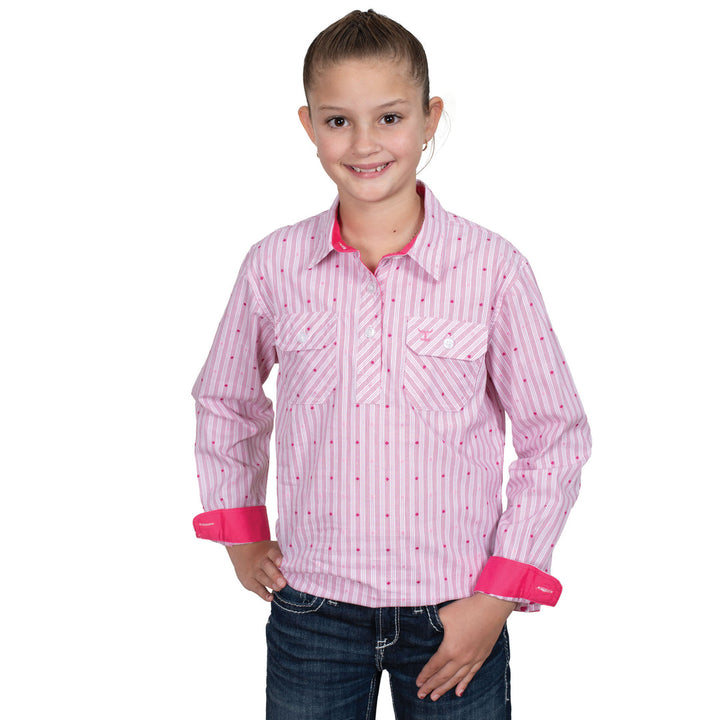 Just Country - Girl's Harper Half Button Shirt in White & Hot Pink Stripes
