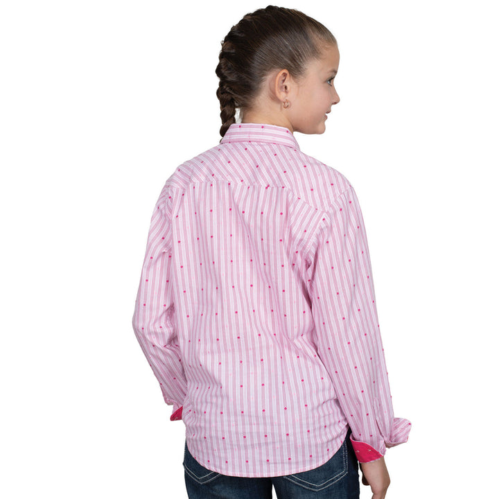 Just Country - Girl's Harper Half Button Shirt in White & Hot Pink Stripes