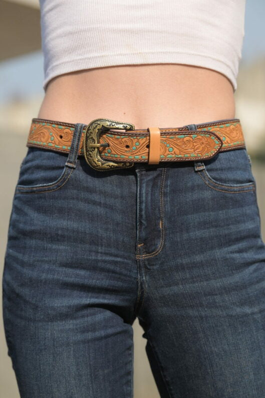 TDE - Tooling Leather Belt with Removable Buckle and Turq Paint Highlight (Belt 08)
