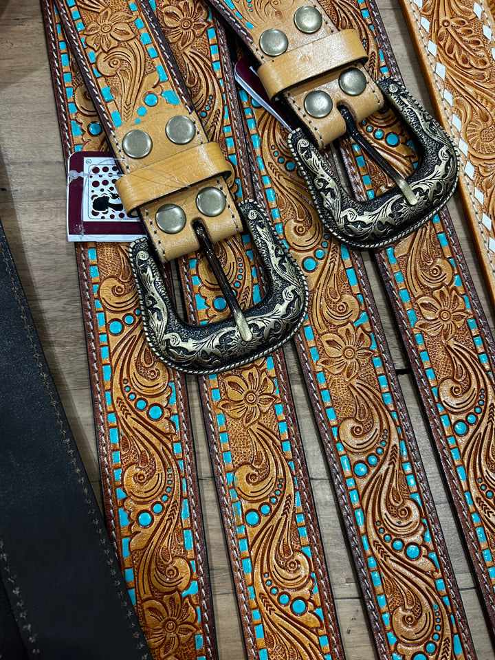 TDE - Tooling Leather Belt with Removable Buckle and Turq Paint Highlight (Belt 08)