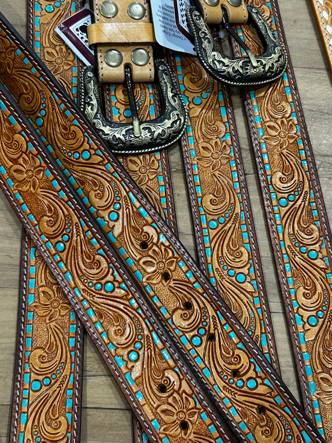 TDE - Tooling Leather Belt with Removable Buckle and Turq Paint Highlight (Belt 08)