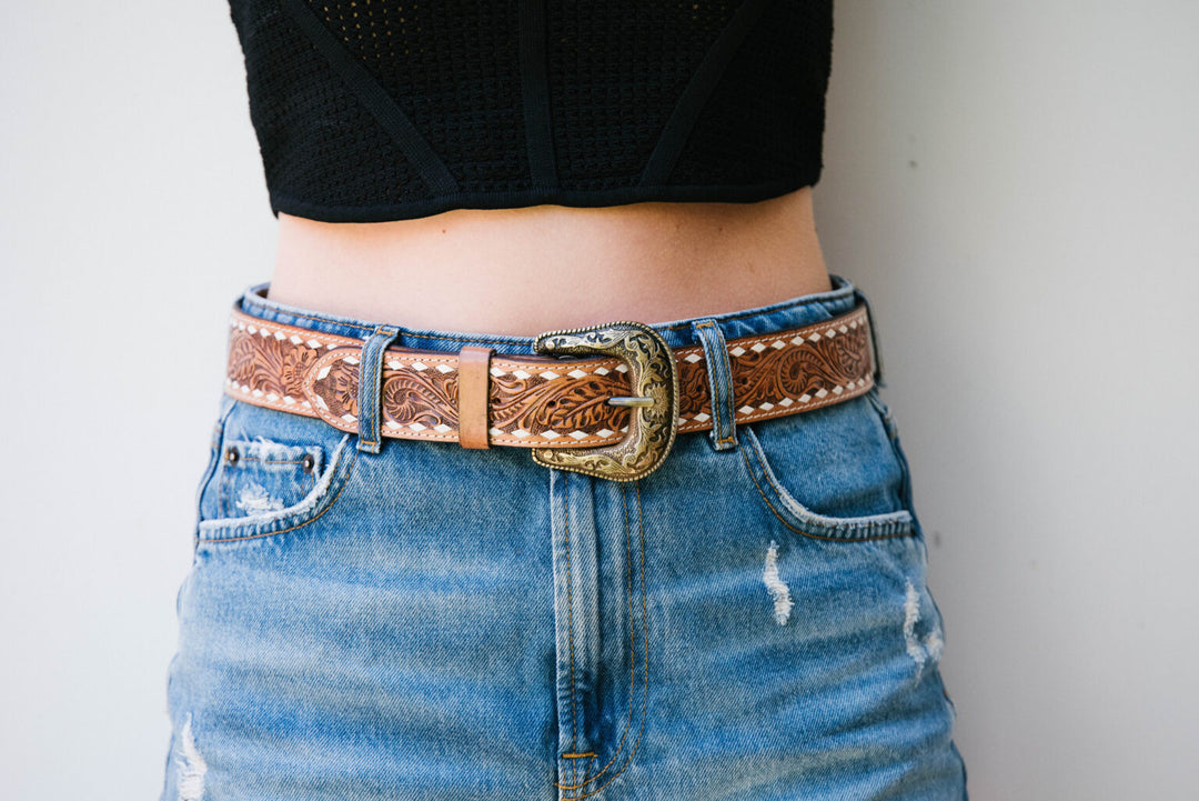 TDE - Buck Stitch Tooling Leather Belt with Removable Buckle  (Belt 11)