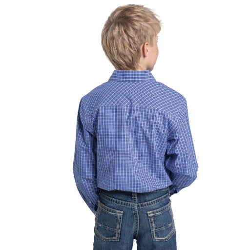 Just Country - Boys Brayden Half Button Shirt in small blue check W26