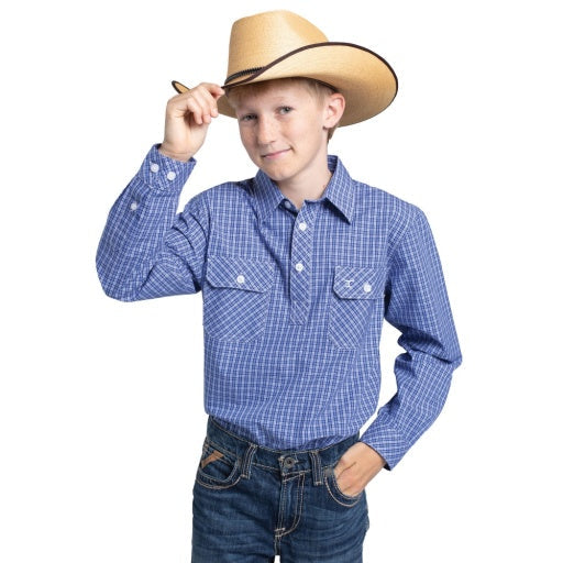 Just Country - Boys Brayden Half Button Shirt in small blue check W26