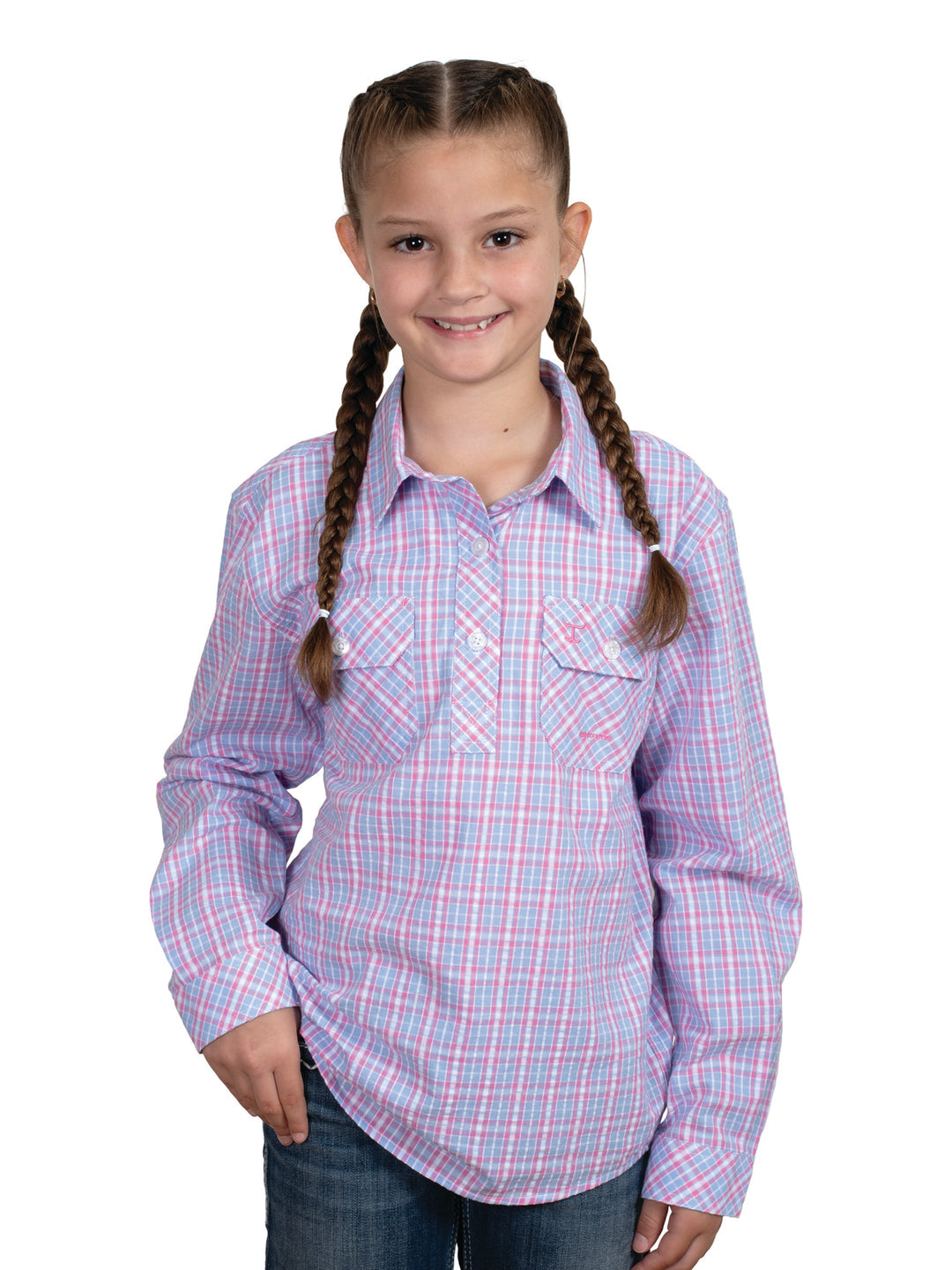 Just Country - Girl's Harper Half Button Shirt in Cornflower Check