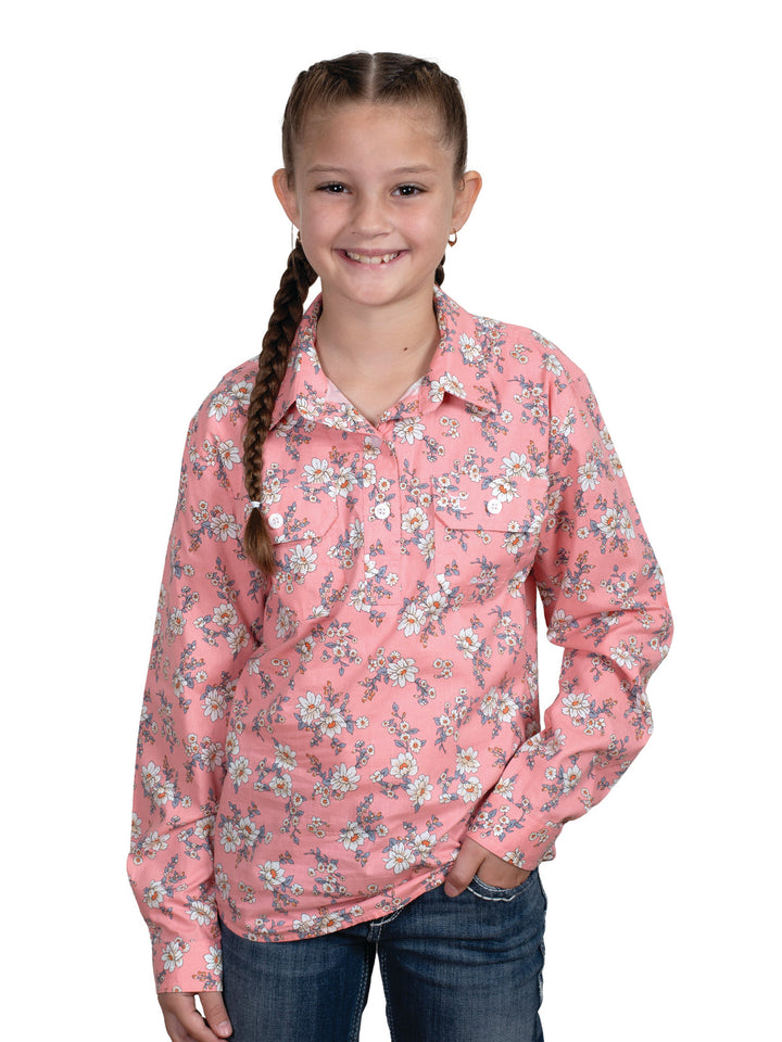 Just Country - Girl's Harper Half Button Shirt in Sunset Pink/Magnolias