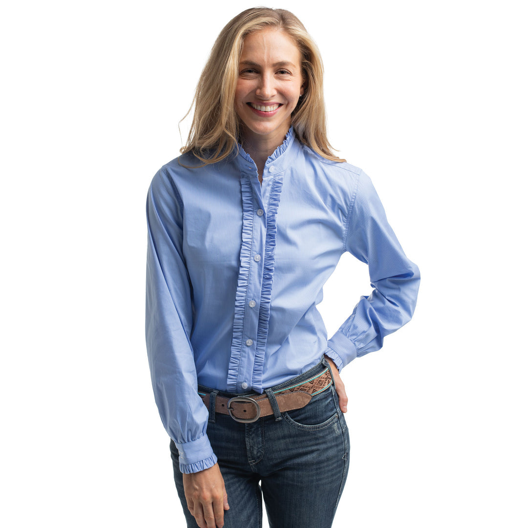 Just Country - Women's Abbey Frills Full Button Stripe Workshirt in cornflower pinstripe