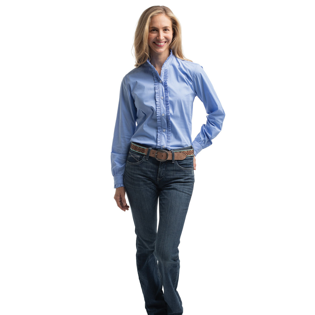 Just Country - Women's Abbey Frills Full Button Stripe Workshirt in cornflower pinstripe