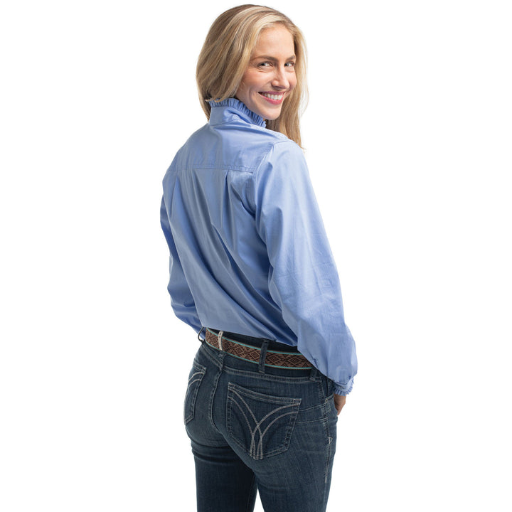 Just Country - Women's Abbey Frills Full Button Stripe Workshirt in cornflower pinstripe