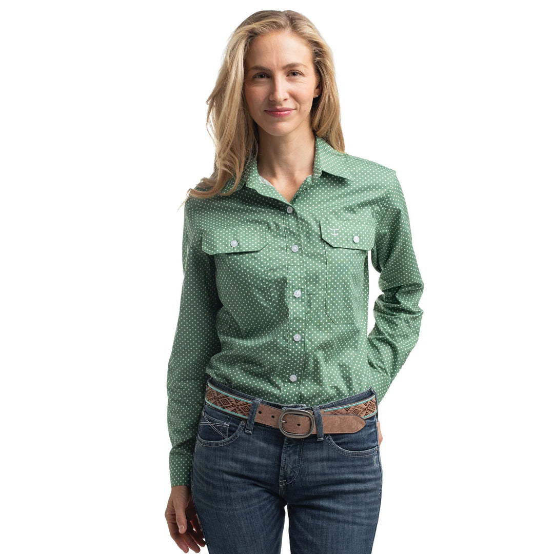 Just Country - Women's Abbey Frills Full Button Stripe Workshirt in Eucalypyus and mini white spot