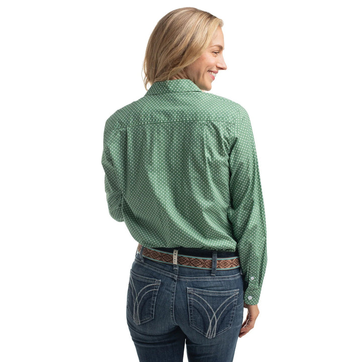 Just Country - Women's Abbey Frills Full Button Stripe Workshirt in Eucalypyus and mini white spot