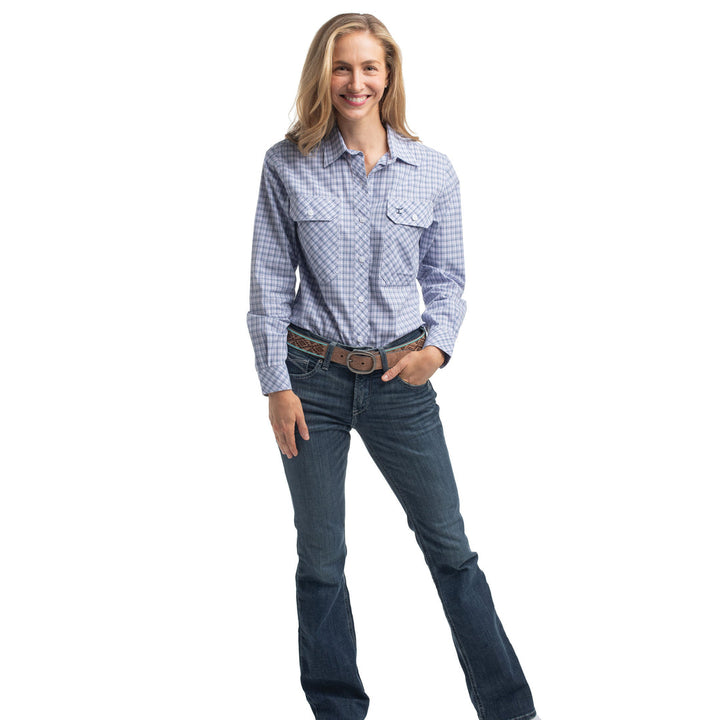 Just Country - Women's Abbey Full Button Stripe Workshirt in Navy & Lavender Check