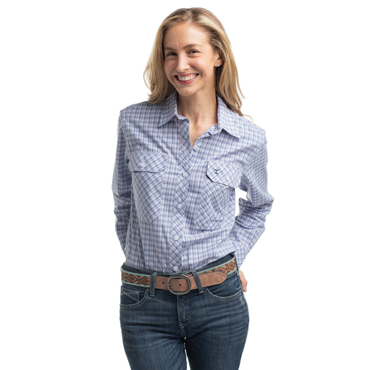 Just Country - Women's Abbey Full Button Stripe Workshirt in Navy & Lavender Check
