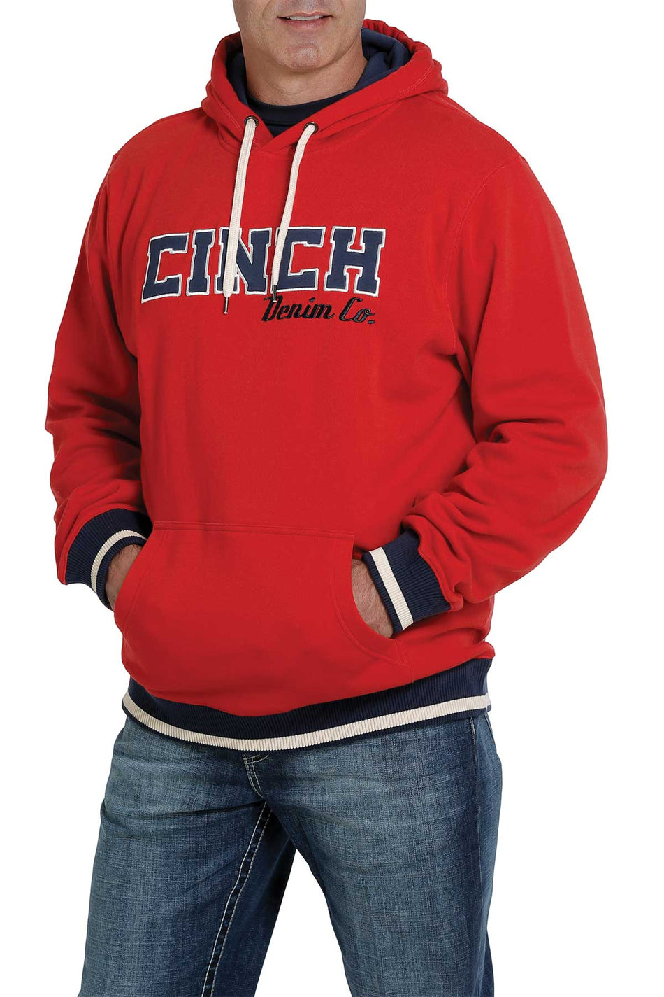 Cinch - Mens Red Embroidered Logo Fleece-Lined Hooded Sweatshirt