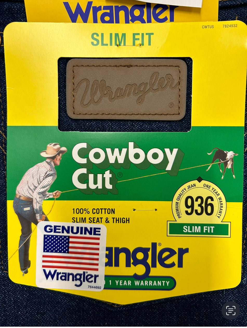 Wrangler - (0936PWD36) Mens Cowboy Cut Slim Fit Jean Prewashed Indigo 36" Leg